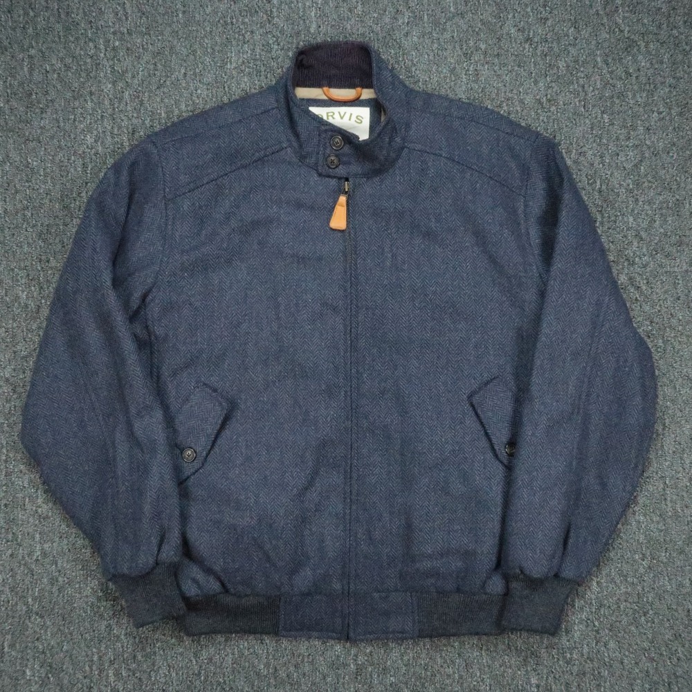 Orvis Jacket Mens Medium Blue Wool Herringbone Lined Full Zip Pockets Hunting